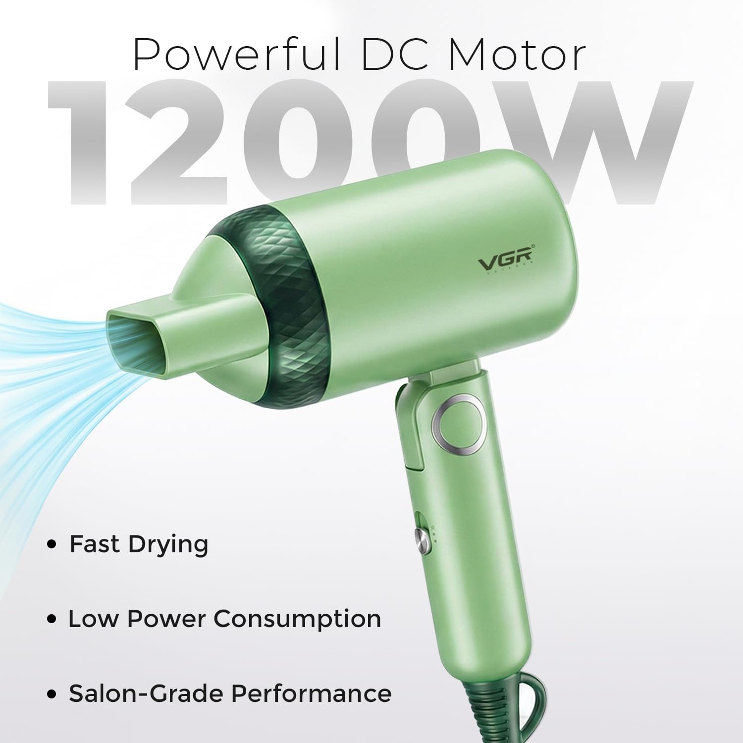 VGR V-421 Foldable Hair Dryer - 1200 Watts, 2 Speed Settings, Dc Motor For Long-Lasting Performance, Overheating Protection, Ergonomic Design For Comfortable Use (Green)