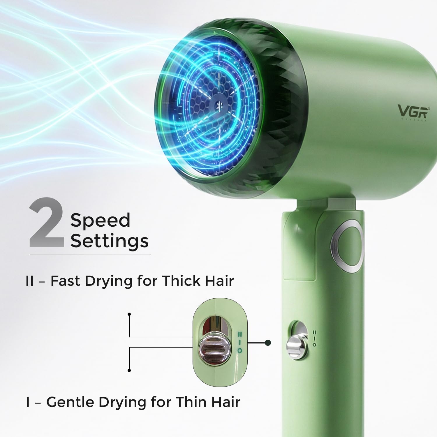 VGR V-421 Foldable Hair Dryer - 1200 Watts, 2 Speed Settings, Dc Motor For Long-Lasting Performance, Overheating Protection, Ergonomic Design For Comfortable Use (Green)