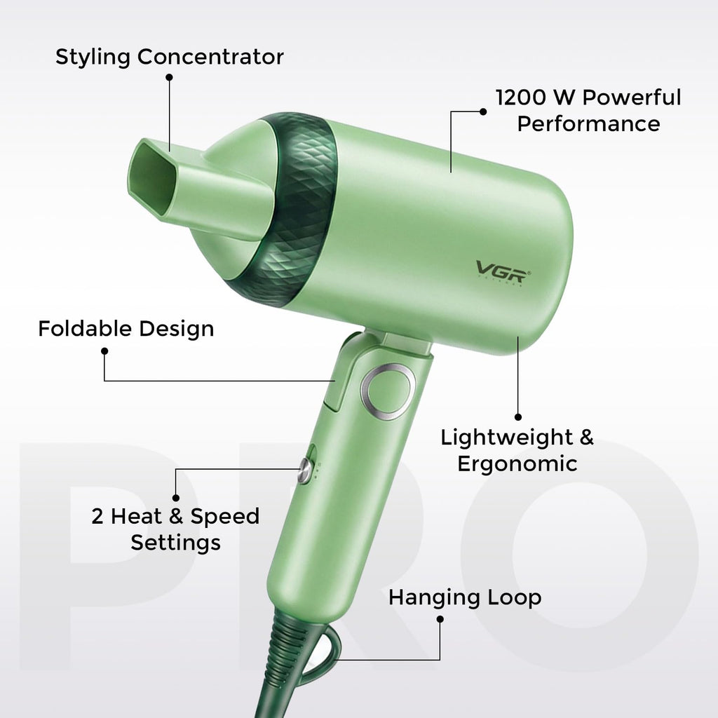 VGR V-421 Foldable Hair Dryer - 1200 Watts, 2 Speed Settings, Dc Motor For Long-Lasting Performance, Overheating Protection, Ergonomic Design For Comfortable Use (Green)