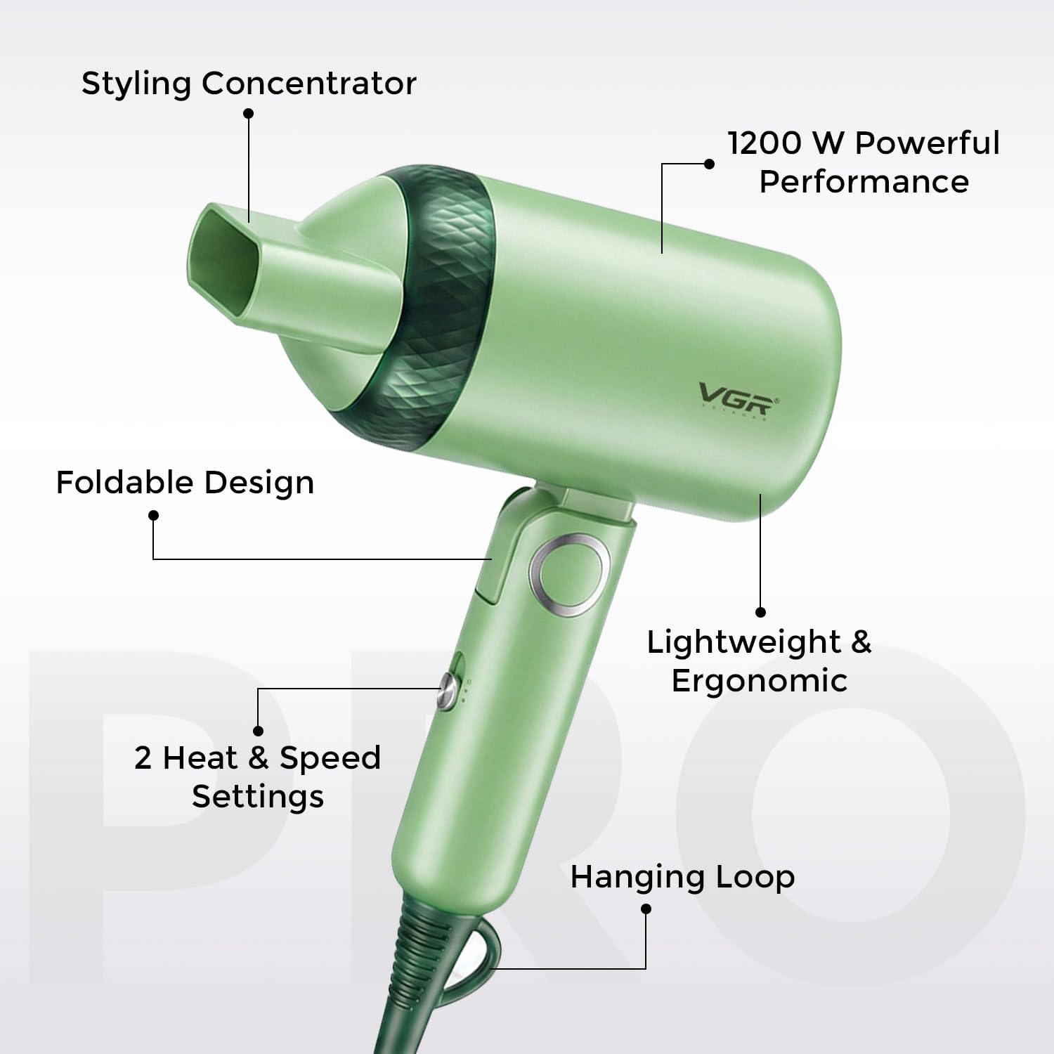 VGR V-421 Foldable Hair Dryer - 1200 Watts, 2 Speed Settings, Dc Motor For Long-Lasting Performance, Overheating Protection, Ergonomic Design For Comfortable Use (Green)
