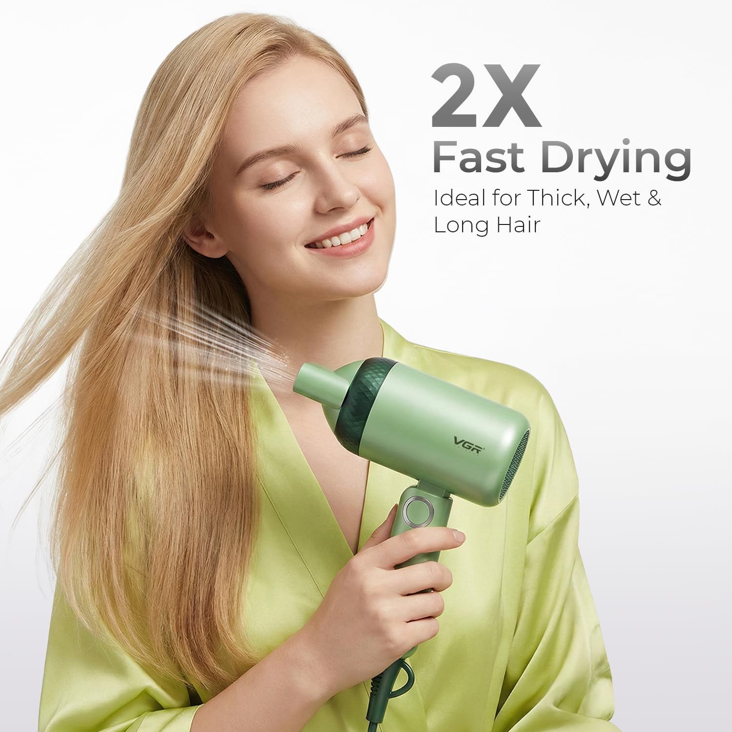 VGR V-421 Foldable Hair Dryer - 1200 Watts, 2 Speed Settings, Dc Motor For Long-Lasting Performance, Overheating Protection, Ergonomic Design For Comfortable Use (Green)