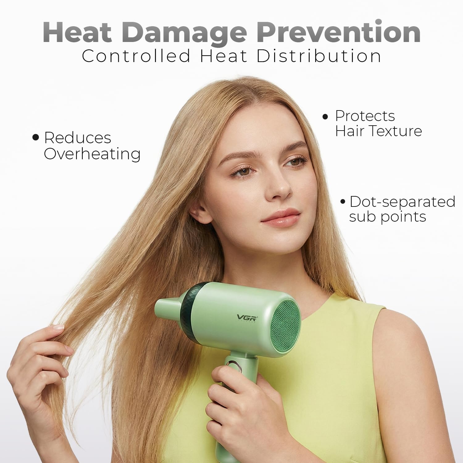 VGR V-421 Foldable Hair Dryer - 1200 Watts, 2 Speed Settings, Dc Motor For Long-Lasting Performance, Overheating Protection, Ergonomic Design For Comfortable Use (Green)