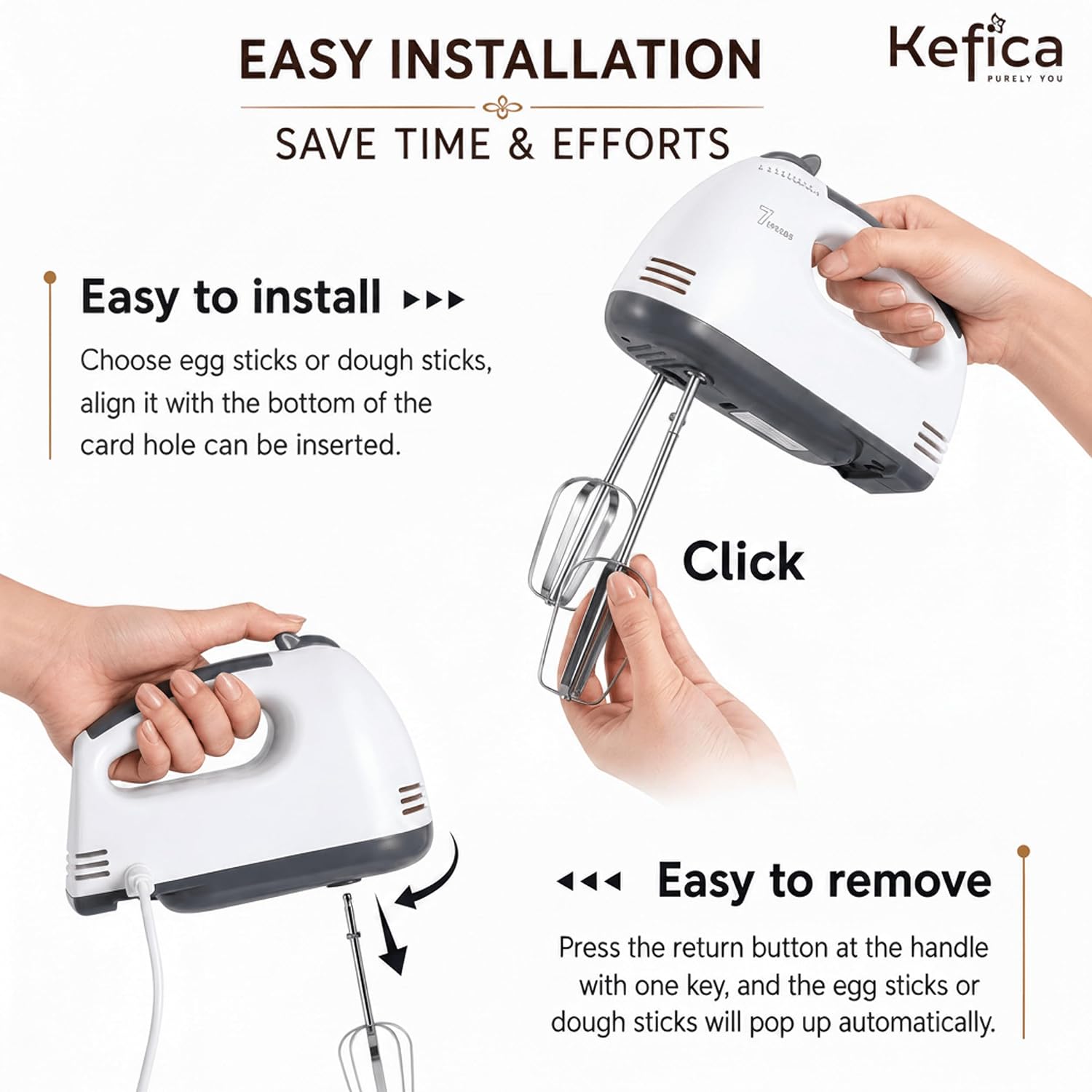 Electric Hand Mixer 7-Speed Portable Handheld Cake Mixer with 2 Stainless Steel Beaters & 2 Dough Hooks