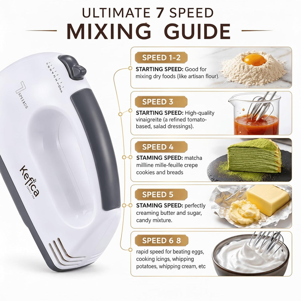 Electric Hand Mixer 7-Speed Portable Handheld Cake Mixer with 2 Stainless Steel Beaters & 2 Dough Hooks