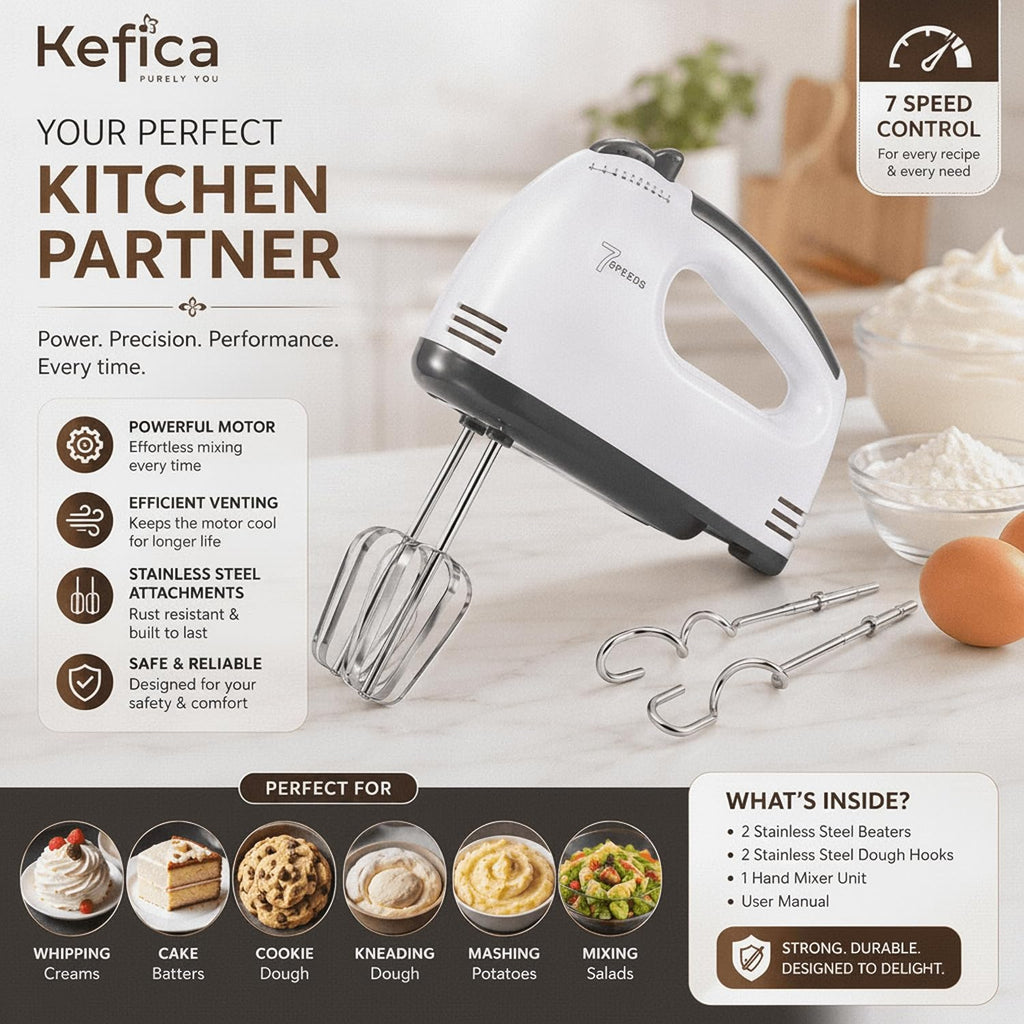Electric Hand Mixer 7-Speed Portable Handheld Cake Mixer with 2 Stainless Steel Beaters & 2 Dough Hooks
