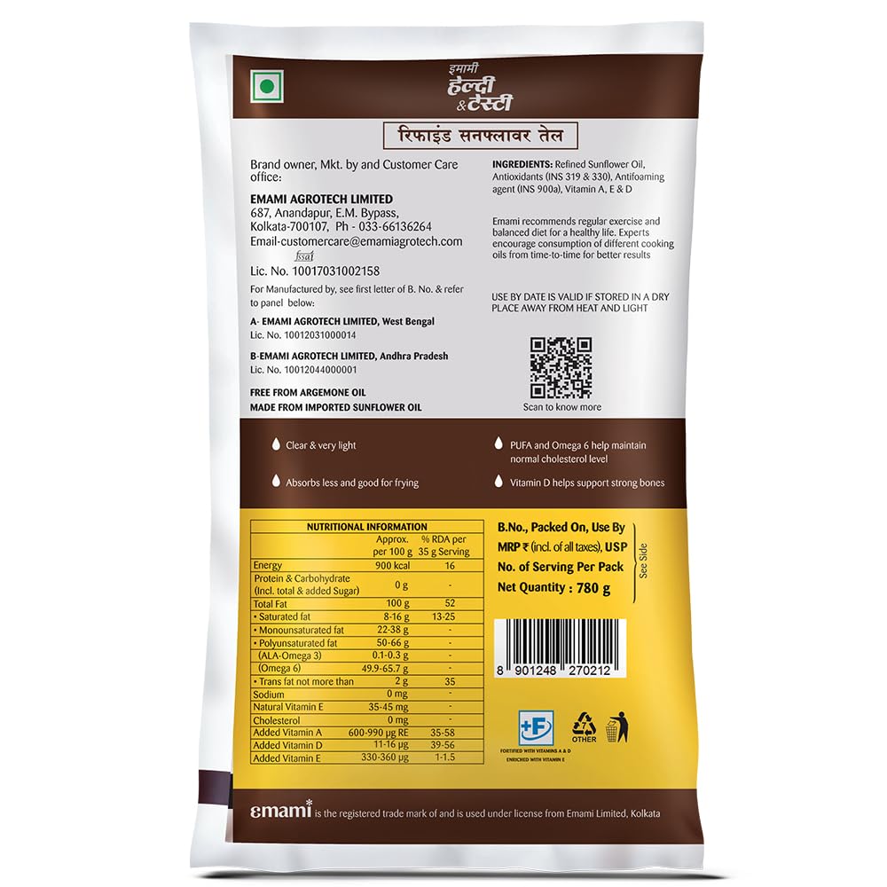Emami Healthy And Tasty Refined Sunflower Oil 825g Pouch