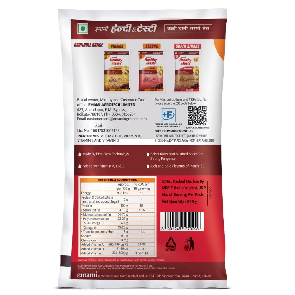 Emami Healthy and Tasty Strong Kachchi Ghani Mustard Oil Pouch, 825 G.