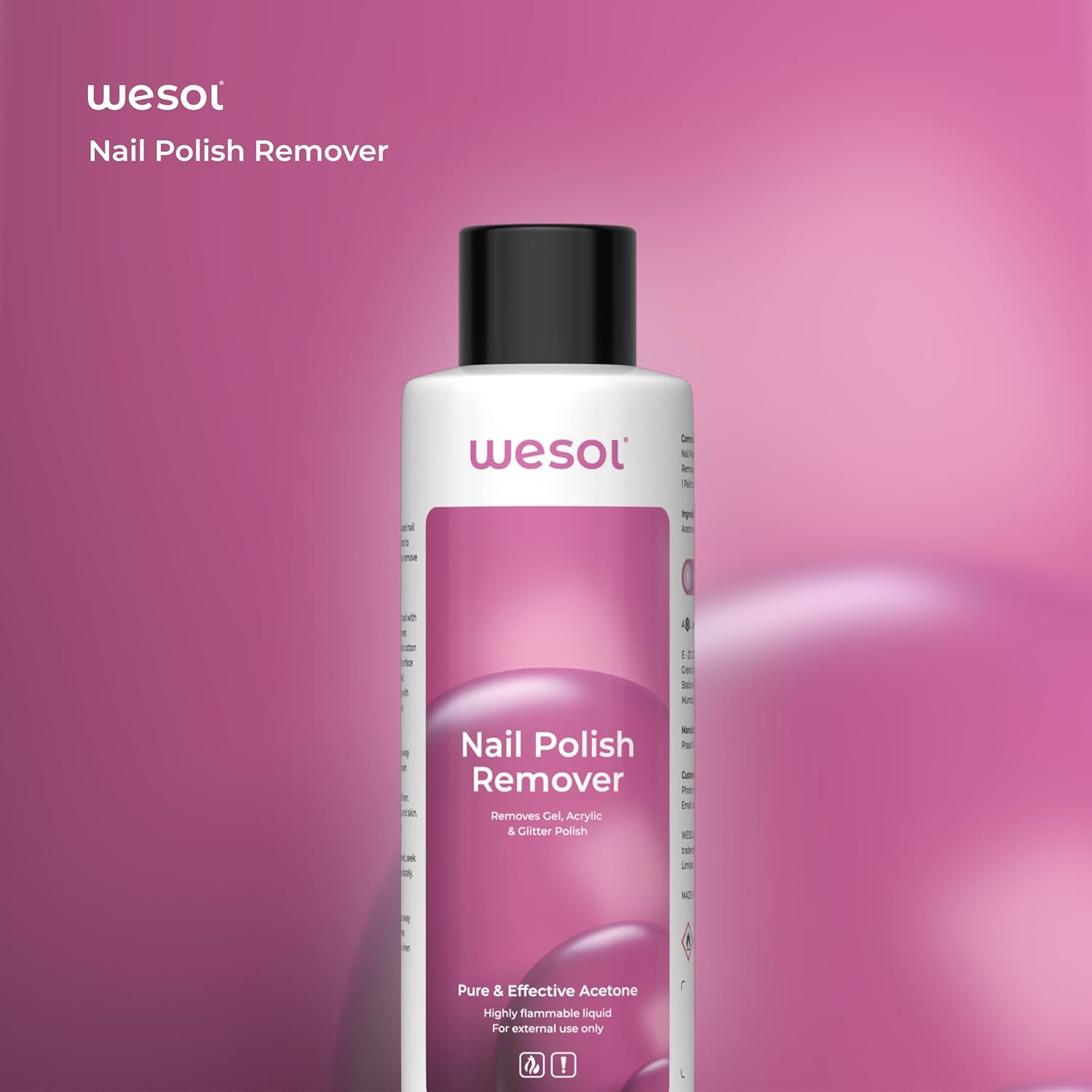Wesol Nail Polish Remover Liquid, Pure Acetone, Removes Gel, Acrylic & Glitter Polish, 200ml, Liquid
