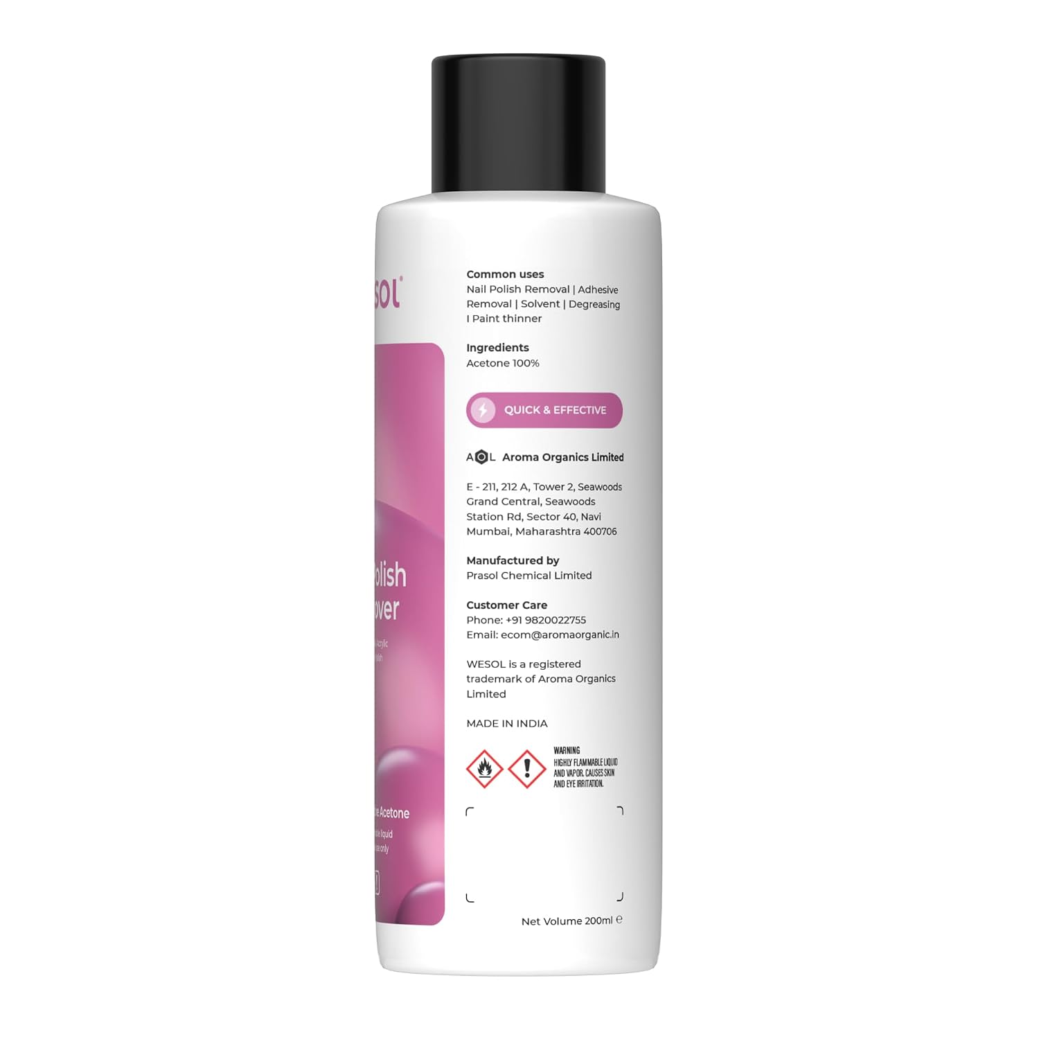 Wesol Nail Polish Remover Liquid, Pure Acetone, Removes Gel, Acrylic & Glitter Polish, 200ml, Liquid