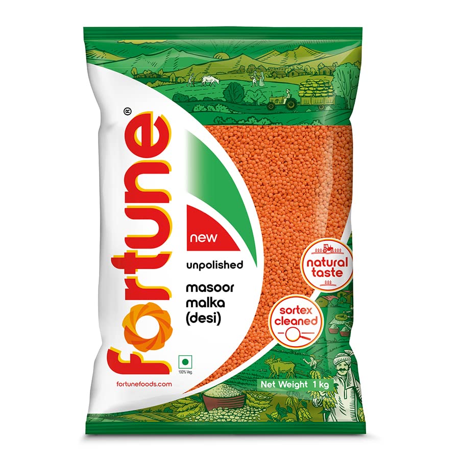 Fortune Masoor Malka (Desi), 1 kg, Unpolished and Sortex cleaned