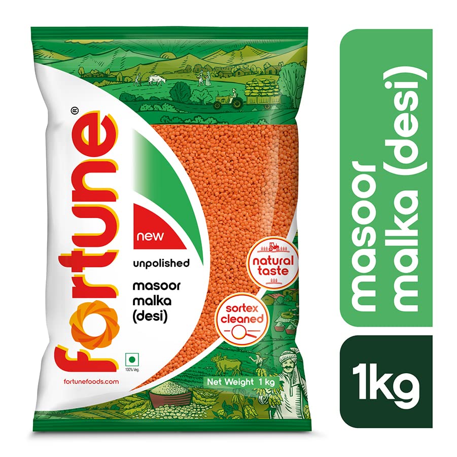 Fortune Masoor Malka (Desi), 1 kg, Unpolished and Sortex cleaned