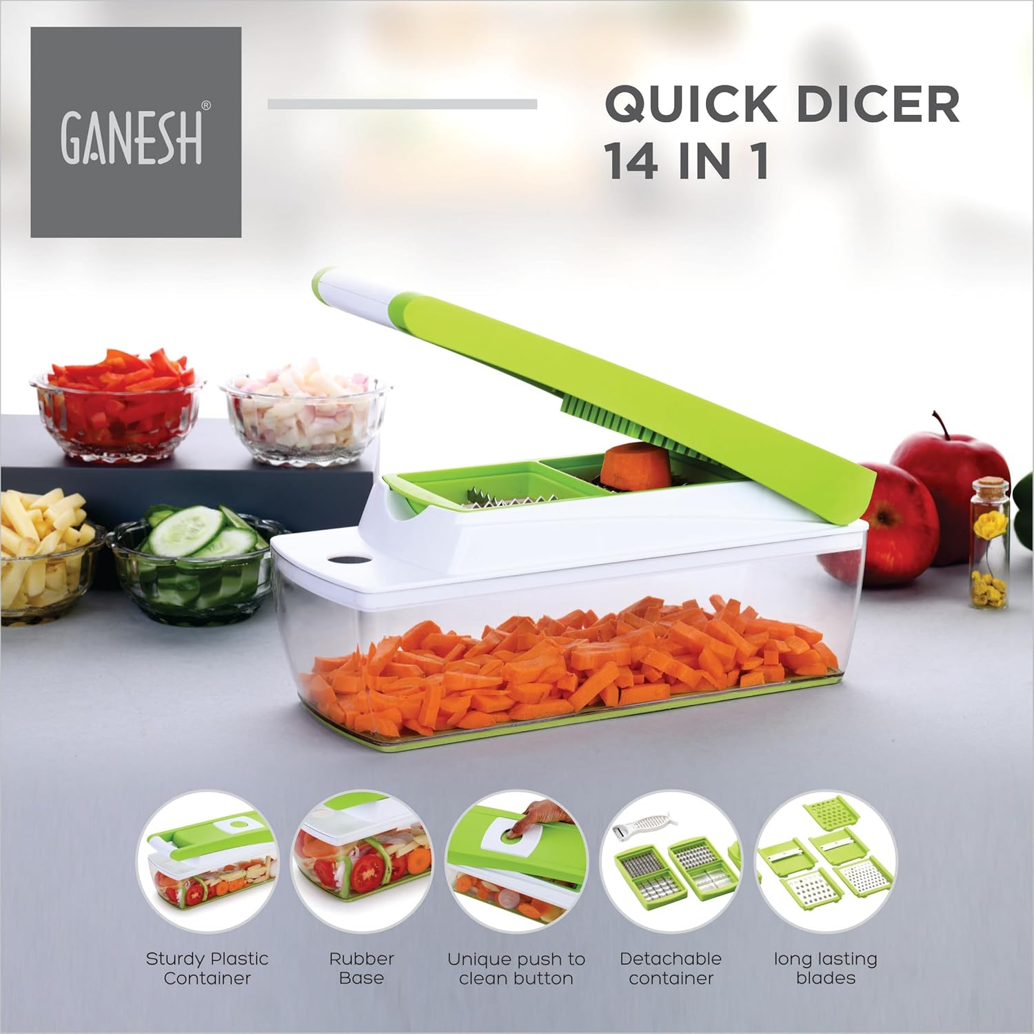 Ganesh 14 in 1 Multipurpose Chopper, Fruits & Vegetable Cutters (Green, Plastic)