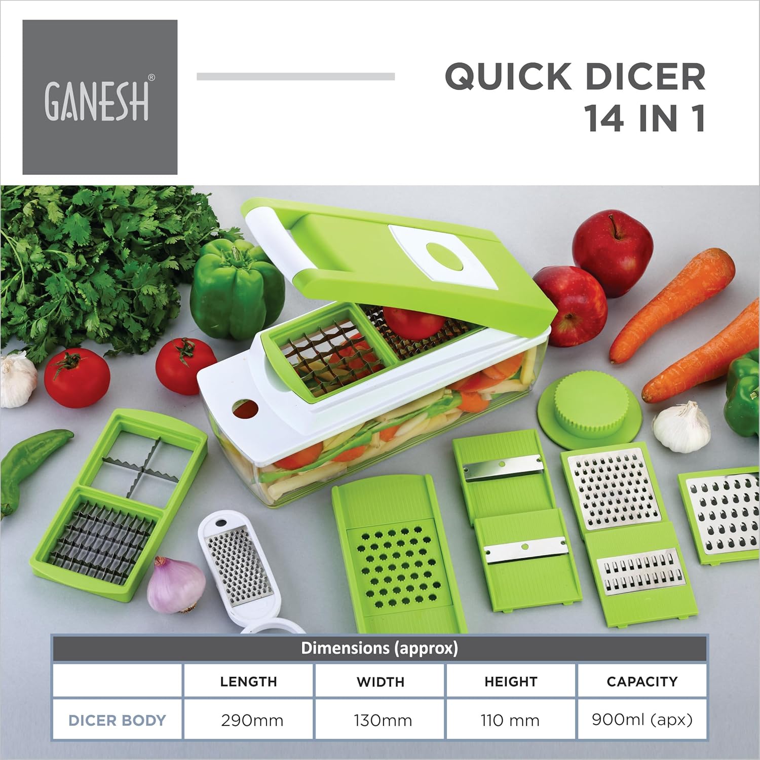 Ganesh 14 in 1 Multipurpose Chopper, Fruits & Vegetable Cutters (Green, Plastic)