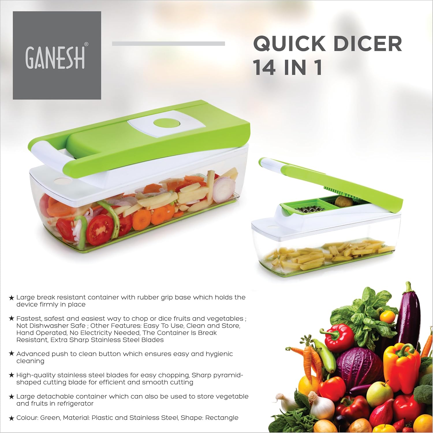 Ganesh 14 in 1 Multipurpose Chopper, Fruits & Vegetable Cutters (Green, Plastic)