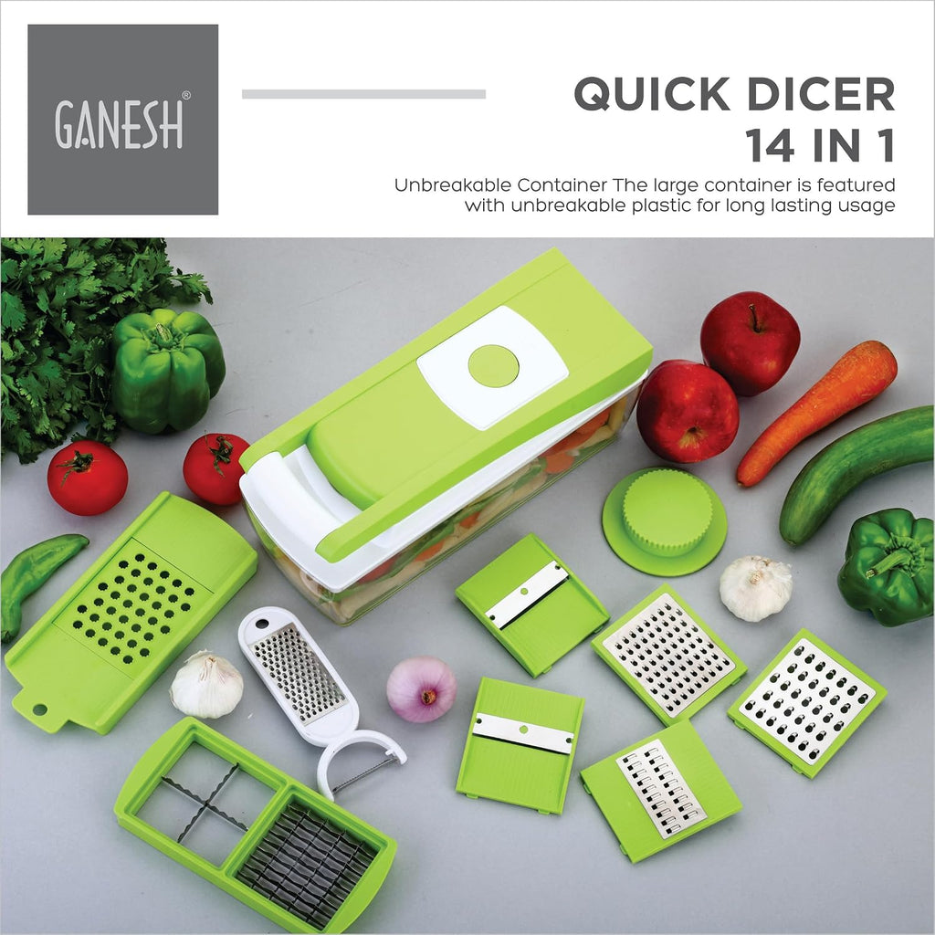 Ganesh 14 in 1 Multipurpose Chopper, Fruits & Vegetable Cutters (Green, Plastic)