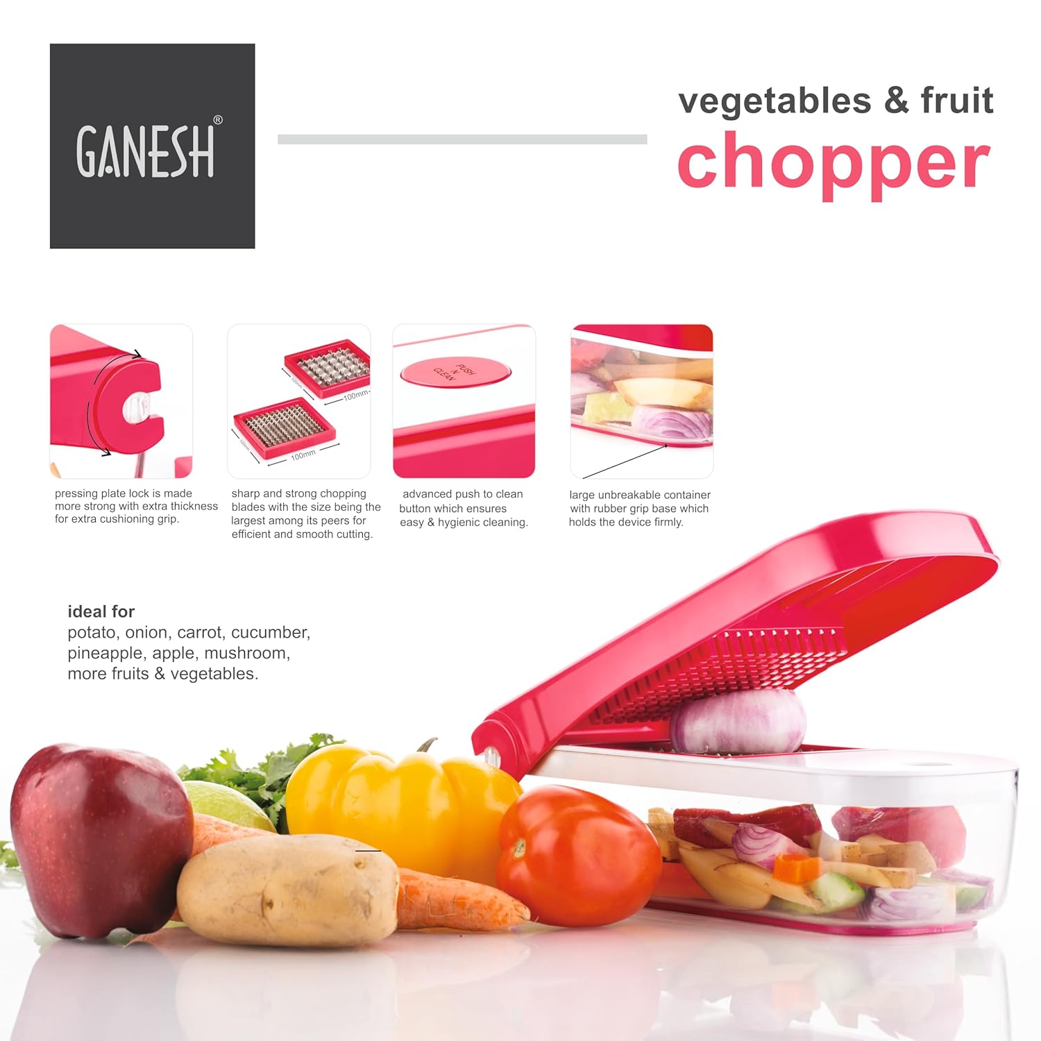 Ganesh 2 in 1 Plastic Chopper Vegetable and Fruit Cutter, Red