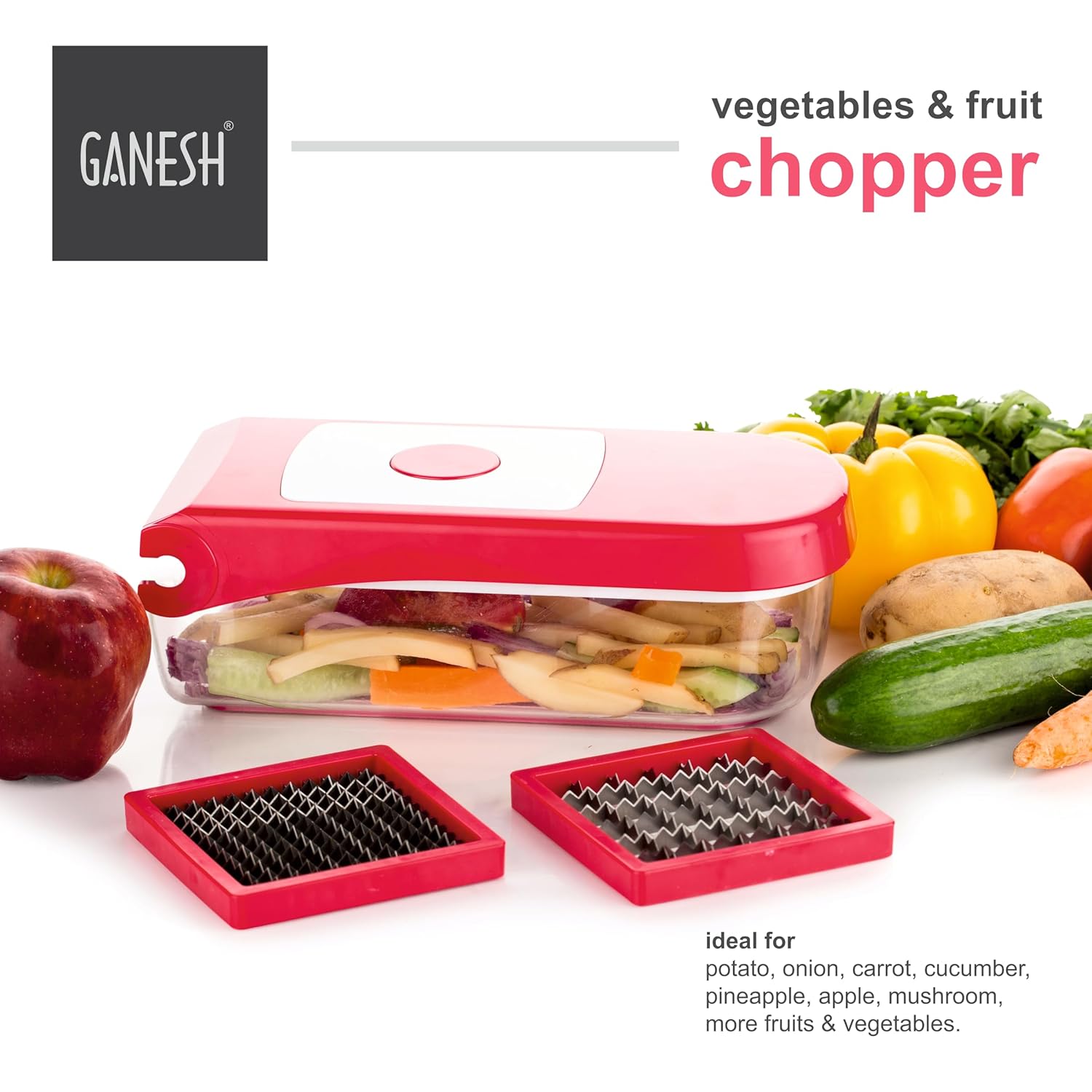 Ganesh 2 in 1 Plastic Chopper Vegetable and Fruit Cutter, Red