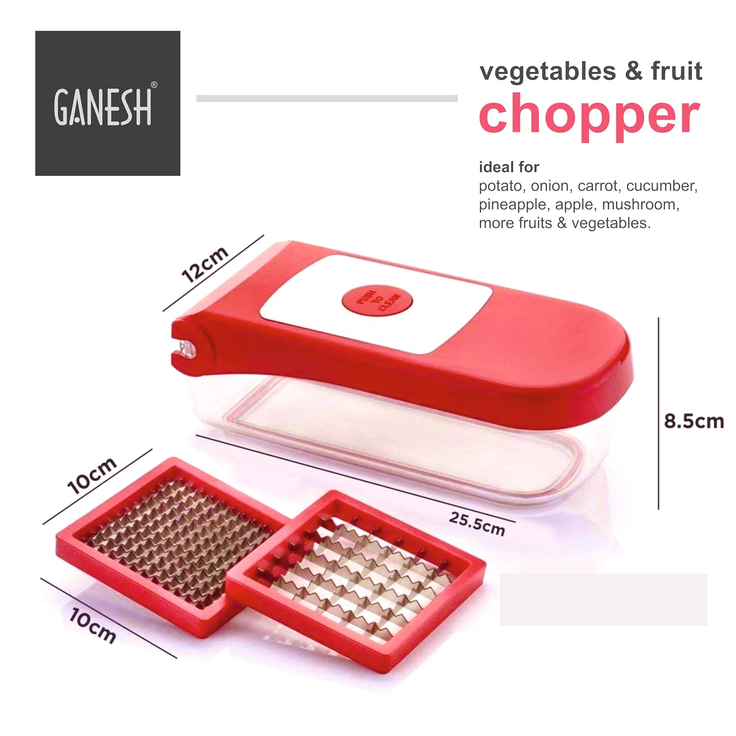 Ganesh 2 in 1 Plastic Chopper Vegetable and Fruit Cutter, Red