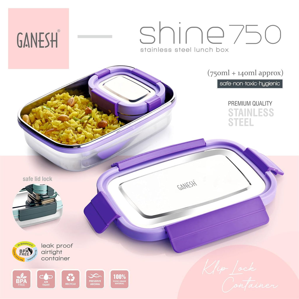 Ganesh Shine Stainless Steel Airtight Leak-Proof Lunch Box for Office, School, Picnic - 750ml