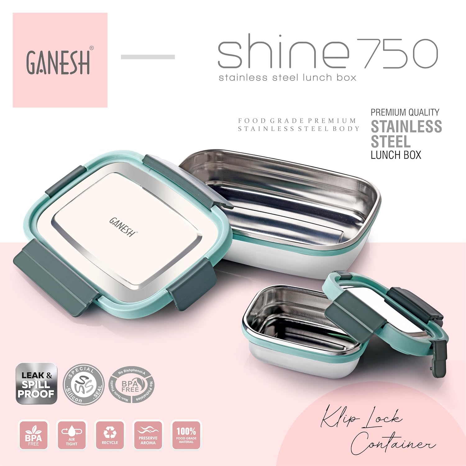 Ganesh Shine Stainless Steel Airtight Leak-Proof Lunch Box for Office, School, Picnic - 750ml