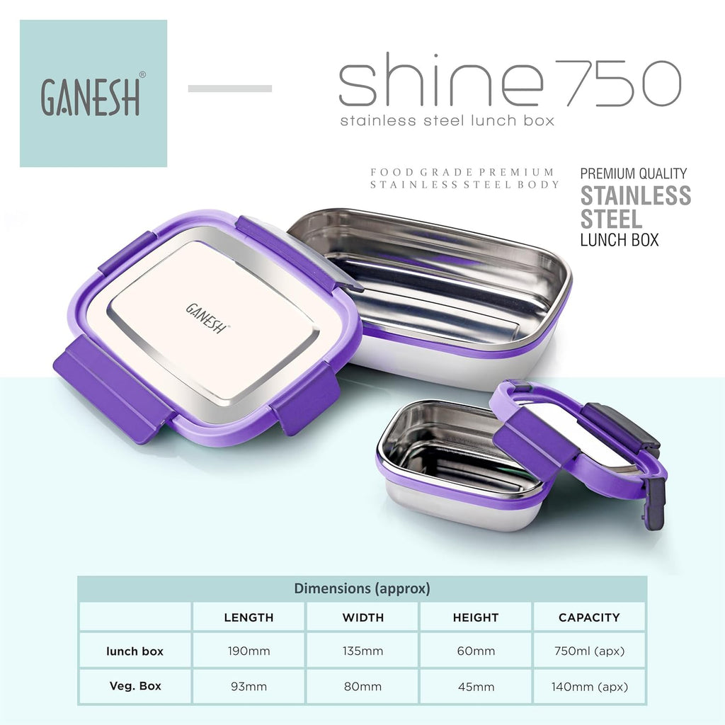 Ganesh Shine Stainless Steel Airtight Leak-Proof Lunch Box for Office, School, Picnic - 750ml