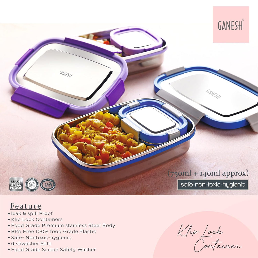 Ganesh Shine Stainless Steel Airtight Leak-Proof Lunch Box for Office, School, Picnic - 750ml