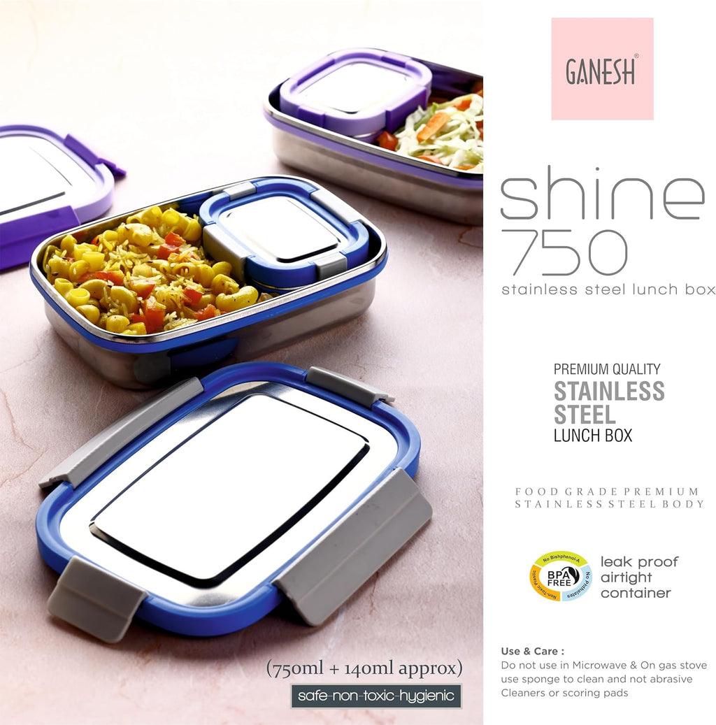 Ganesh Shine Stainless Steel Airtight Leak-Proof Lunch Box for Office, School, Picnic - 750ml