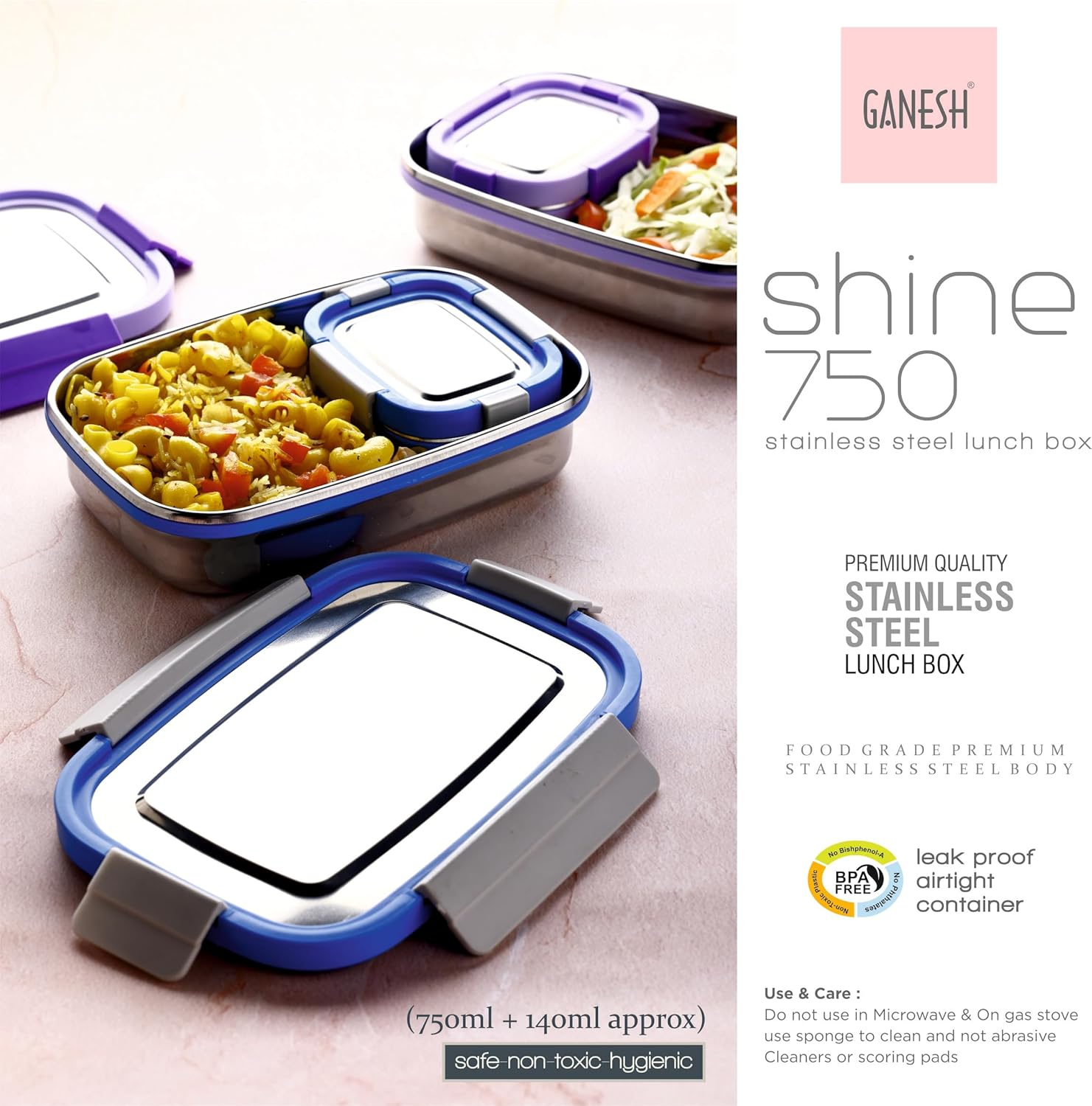 Ganesh Shine Stainless Steel Airtight Leak-Proof Lunch Box for Office, School, Picnic - 750ml