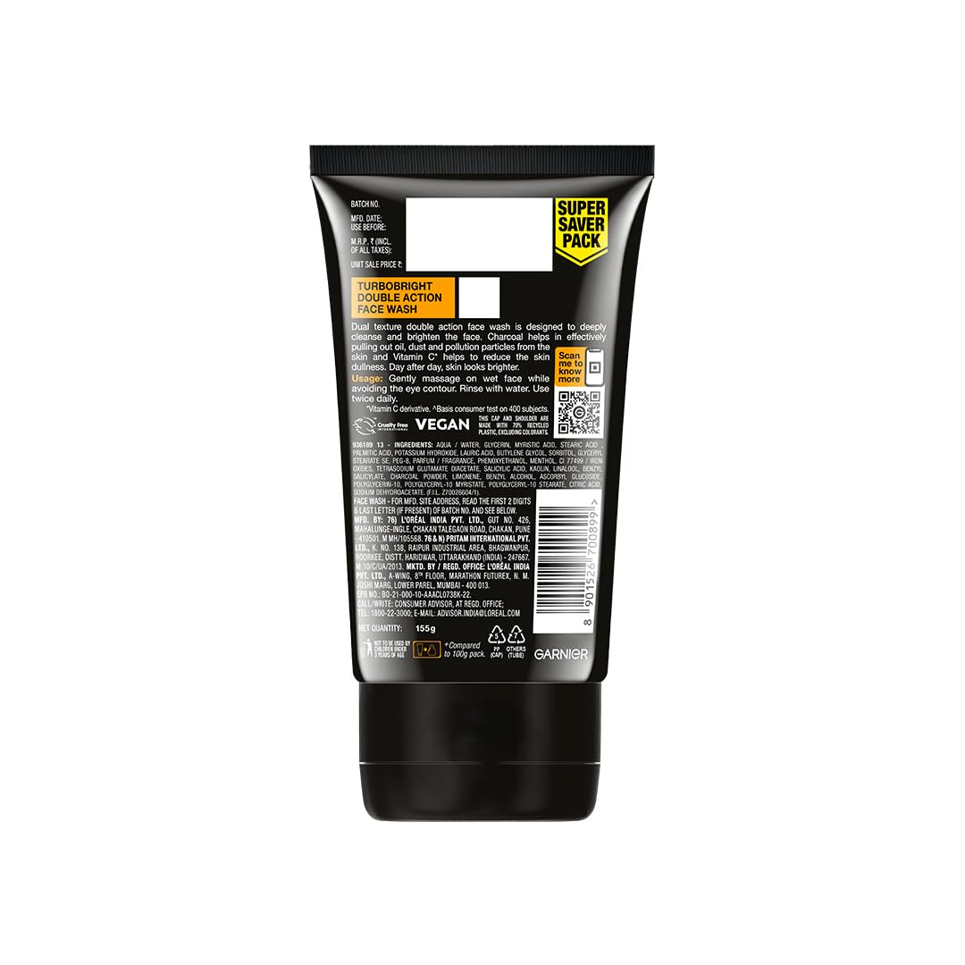 Garnier Men, Face Wash, Brightening & Anti-Pollution, TurboBright Double Action, 155 g