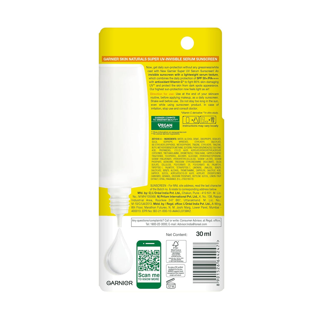 Garnier Super UV Invisible Serum Sunscreen SPF 50 PA++++ UVA/B, 30ml