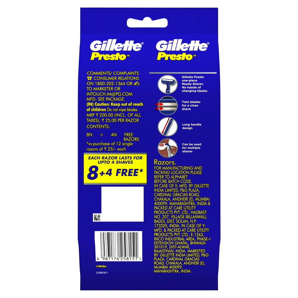 Gillette Presto Manual Shaving Razor (Pack of 8 + 4)