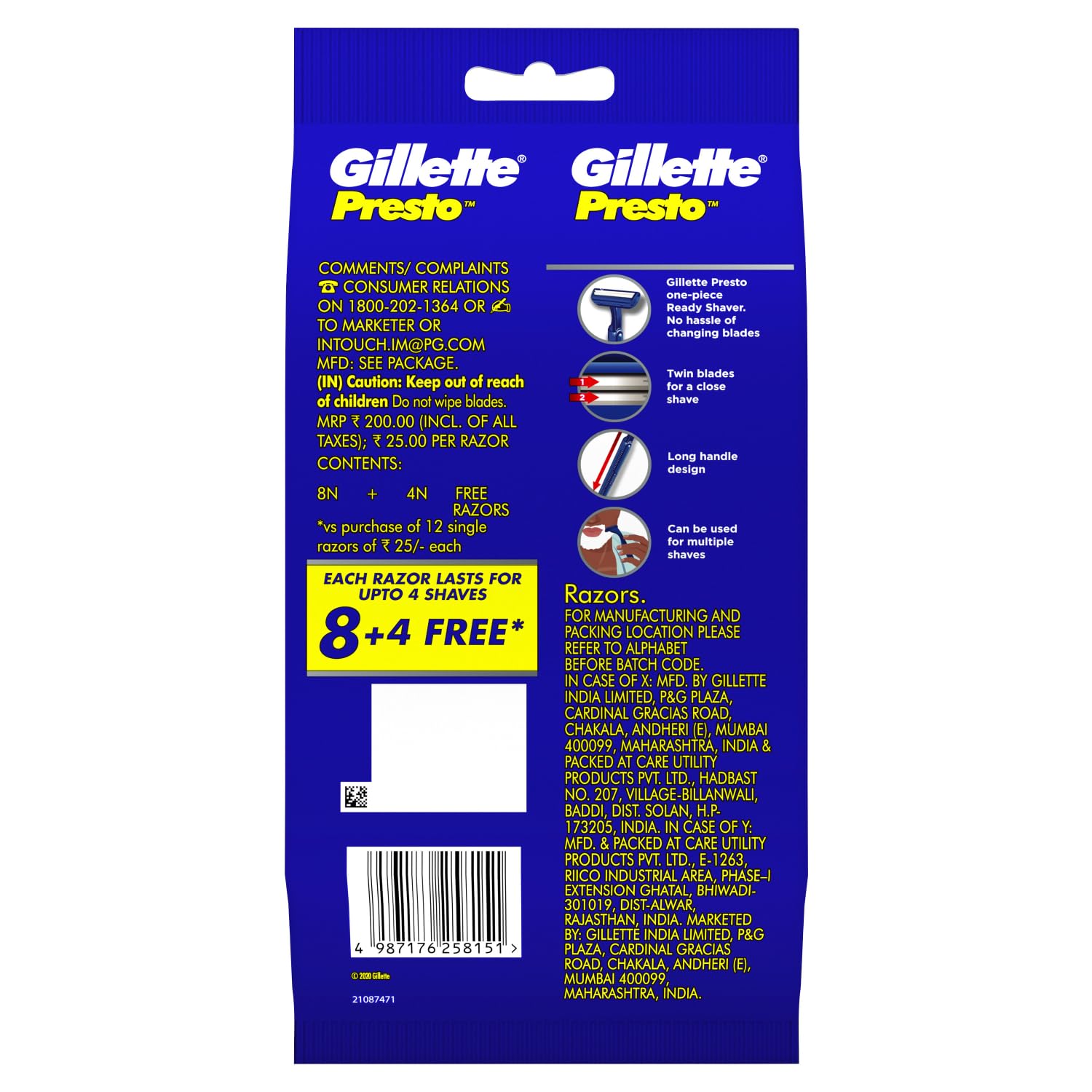 Gillette Presto Manual Shaving Razor (Pack of 8 + 4)