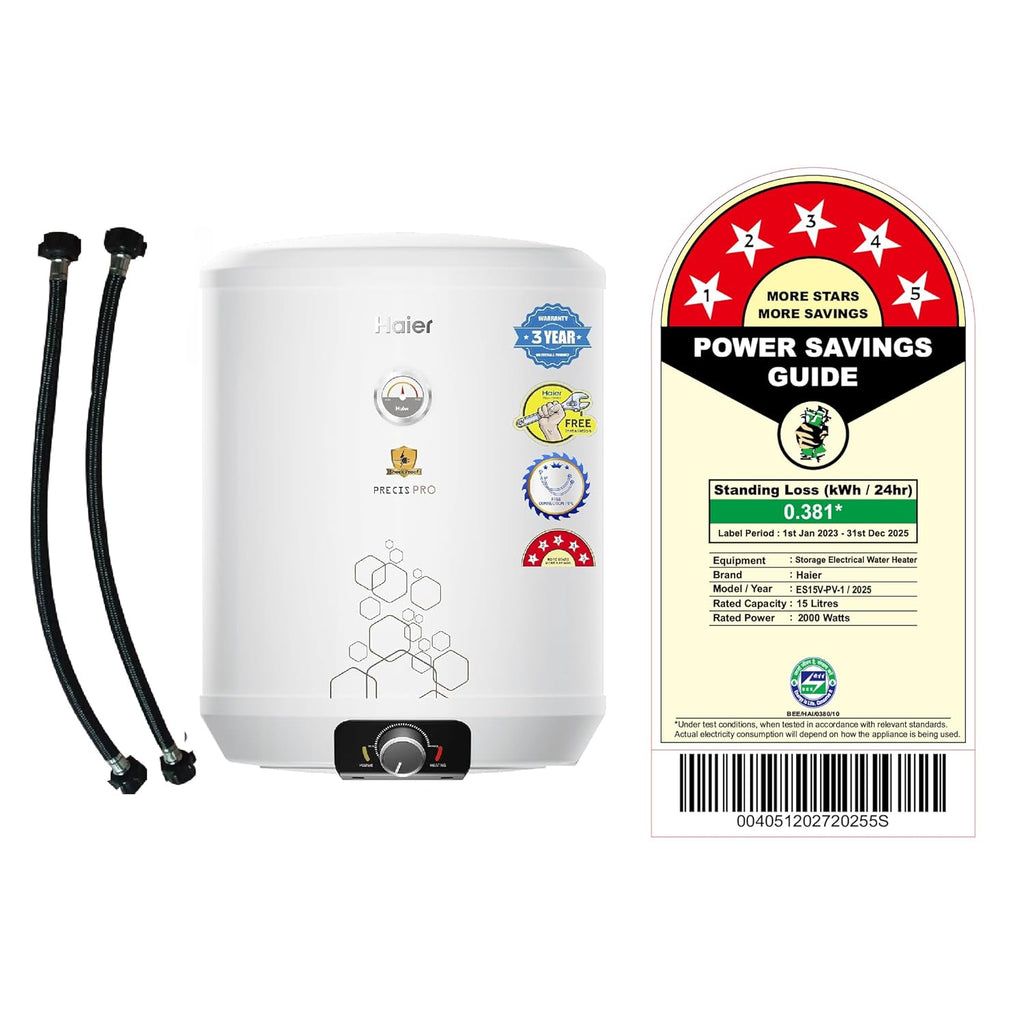 Haier Precis pro Water Geyser 15ltr 5 Star 2000W Electric Geyser Free Installation & Connection Pipe| Warranty 7 Yr on Tank| Shock Proof| Glassline Steel Tank| 11-Level Safety