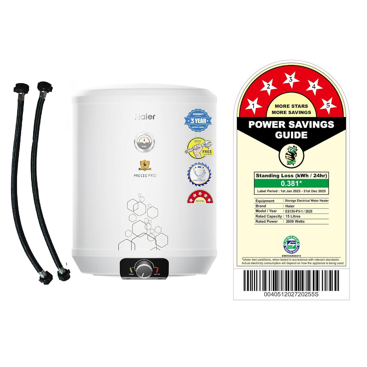Haier Precis pro Water Geyser 15ltr 5 Star 2000W Electric Geyser Free Installation & Connection Pipe| Warranty 7 Yr on Tank| Shock Proof| Glassline Steel Tank| 11-Level Safety