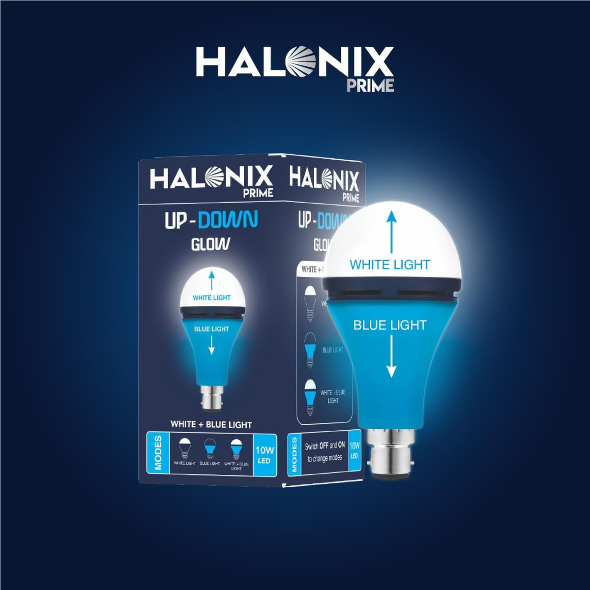 Halonix 10W Up Down Glow Blue & White 3 Modes LED | Switch On-Off to Change Color | Decorative B22 Base | Pack of 4