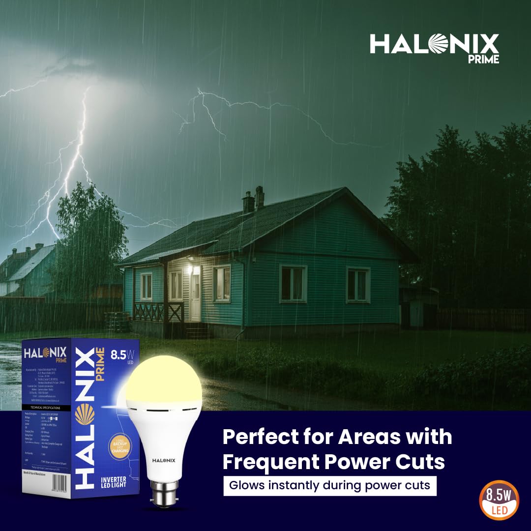 Halonix 8.5W Rechargeable Emergency Inverter LED Bulb | Emergency Light | Upto 4 Hours Battery | B22D | 1 Year - Warranty (Pack of 1, Warm Yellow)