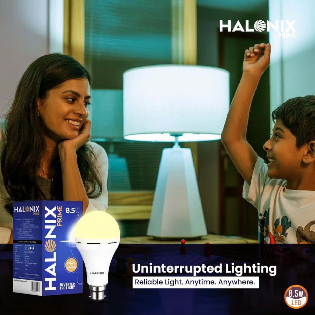 Halonix 8.5W Rechargeable Emergency Inverter LED Bulb | Emergency Light | Upto 4 Hours Battery | B22D | 1 Year - Warranty (Pack of 1, Warm Yellow)