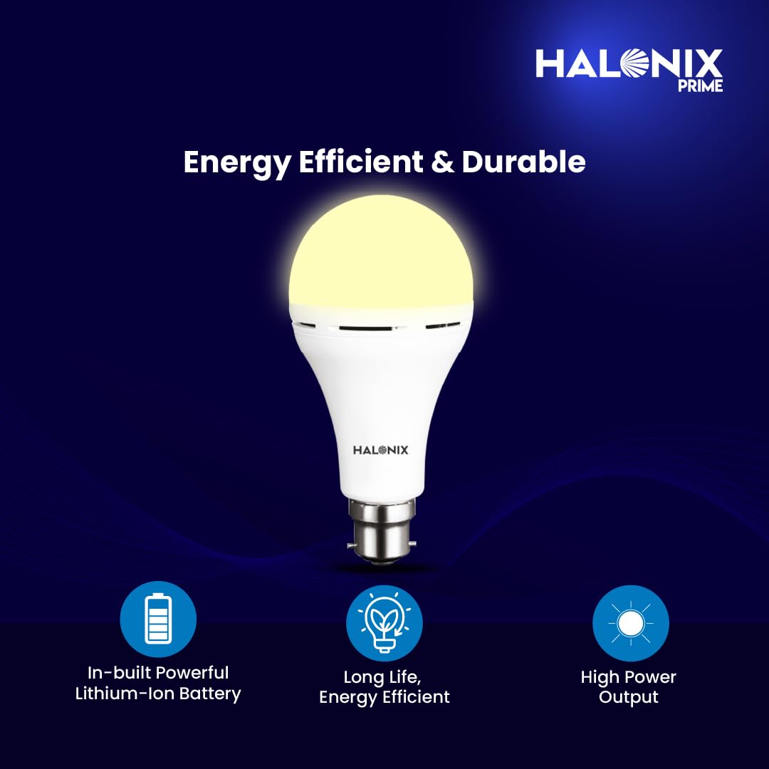 Halonix 8.5W Rechargeable Emergency Inverter LED Bulb | Emergency Light | Upto 4 Hours Battery | B22D | 1 Year - Warranty (Pack of 1, Warm Yellow)