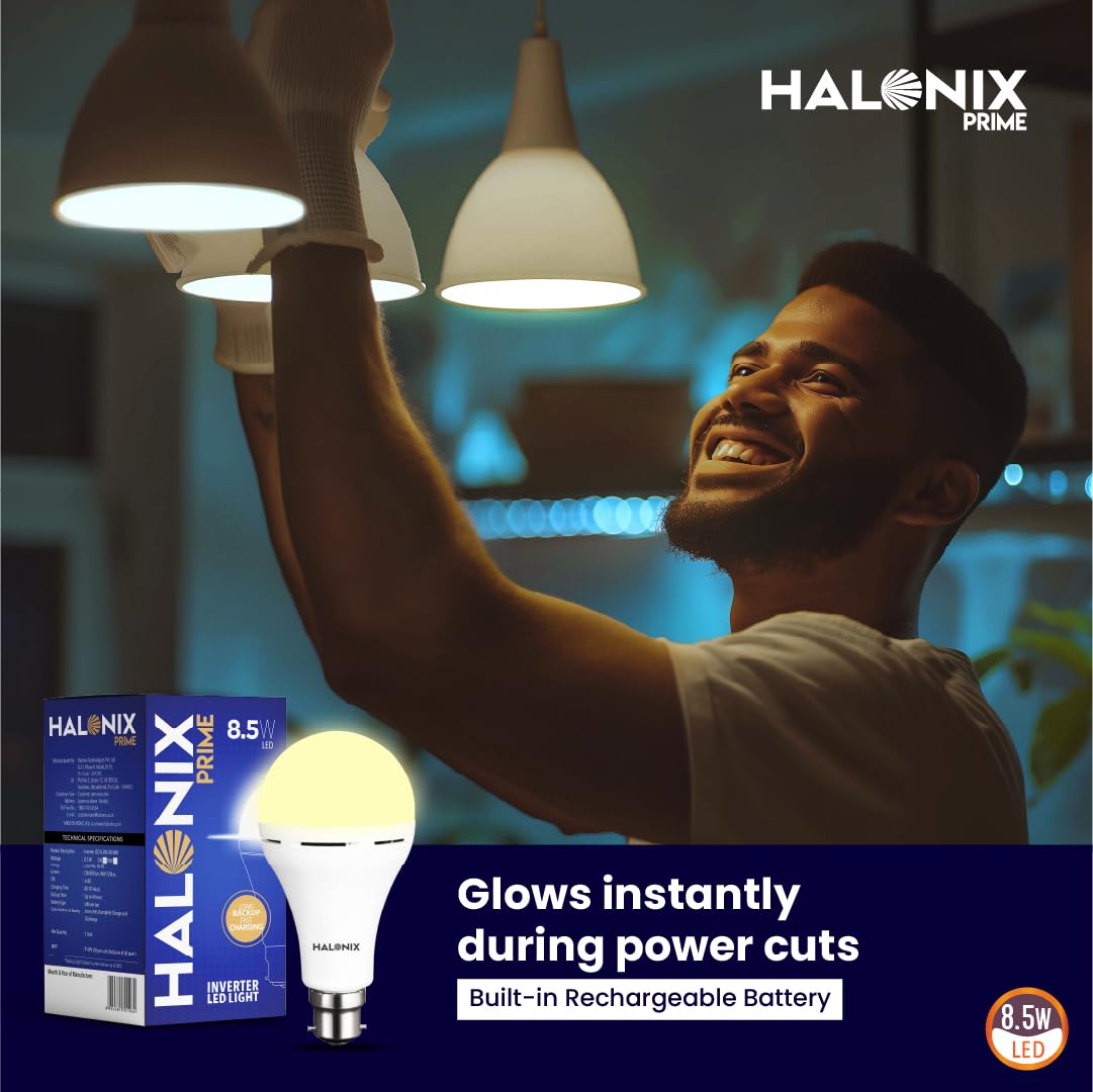 Halonix 8.5W Rechargeable Emergency Inverter LED Bulb | Emergency Light | Upto 4 Hours Battery | B22D | 1 Year - Warranty (Pack of 1, Warm Yellow)