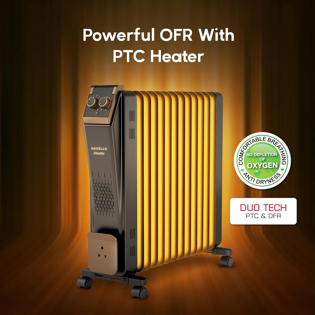 Havells 13 Fin Oil Filled Room Heater (OFR) | Advanced New U-Tech Fast Heating Fins with 10-Year Warranty | 2900W | ISI Approved | PTC Fan Heater | Inclined Control Panel | Black