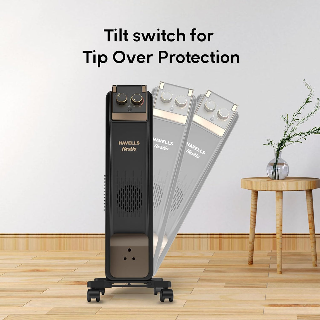 Havells 13 Fin Oil Filled Room Heater (OFR) | Advanced New U-Tech Fast Heating Fins with 10-Year Warranty | 2900W | ISI Approved | PTC Fan Heater | Inclined Control Panel | Black