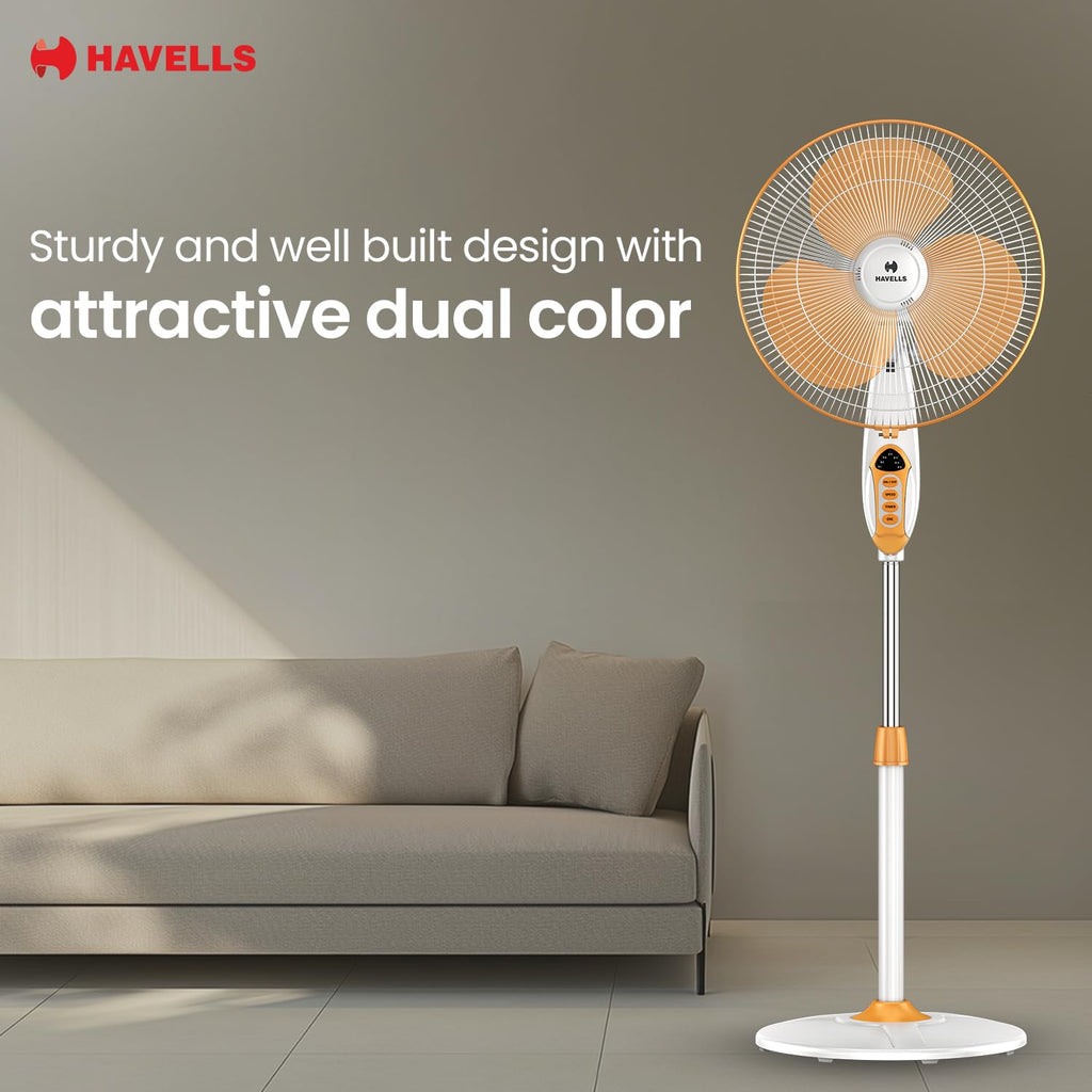 Havells 400mm BLDC Pedestal Fan | Remote Control | Upto 50% Less Power Usage | Sleep & Breeze Mode with Timer | Memory Backup | Jerk Free Oscillation, Smooth Swing Operation | White & Yellow | Sprint