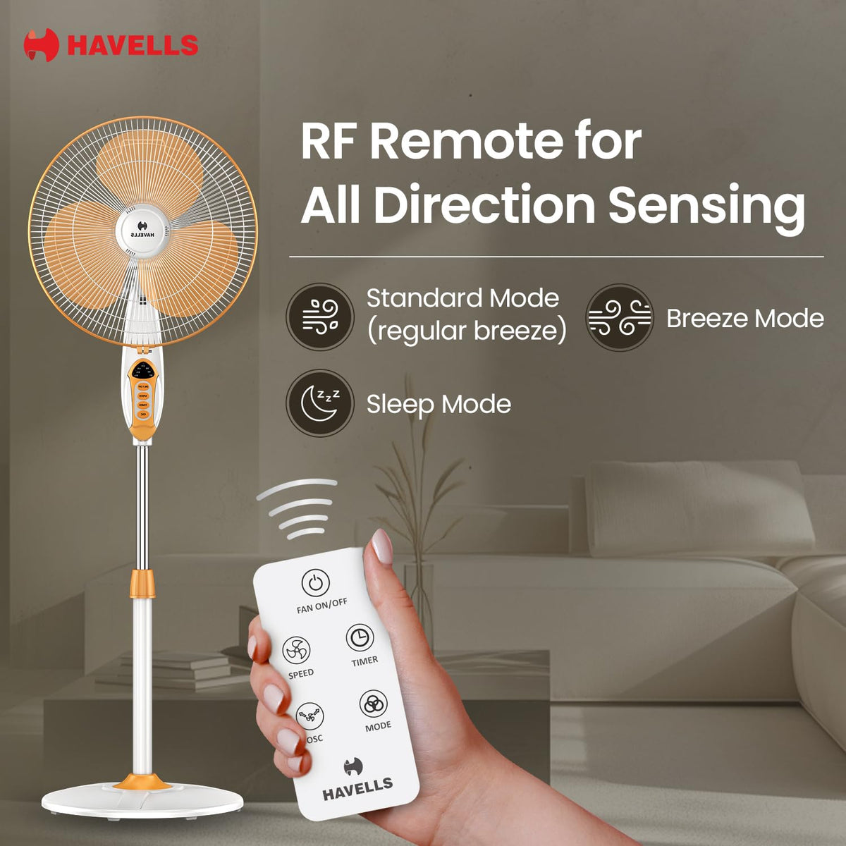 Havells 400mm BLDC Pedestal Fan | Remote Control | Upto 50% Less Power Usage | Sleep & Breeze Mode with Timer | Memory Backup | Jerk Free Oscillation, Smooth Swing Operation | White & Yellow | Sprint