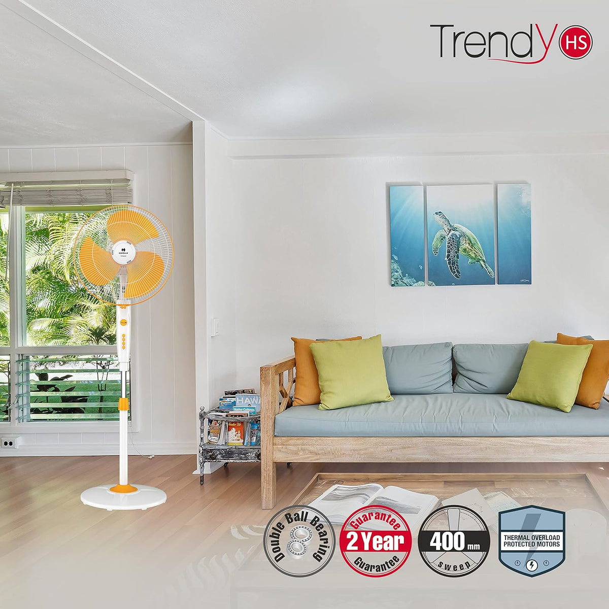Havells 400mm High Speed Pedestal Fan | Strong & Stable Base | Thermal Overload Protector | Jerk Free Oscillation, Smooth Swing Operation | 2 Year Warranty | White & Yellow | Trendy