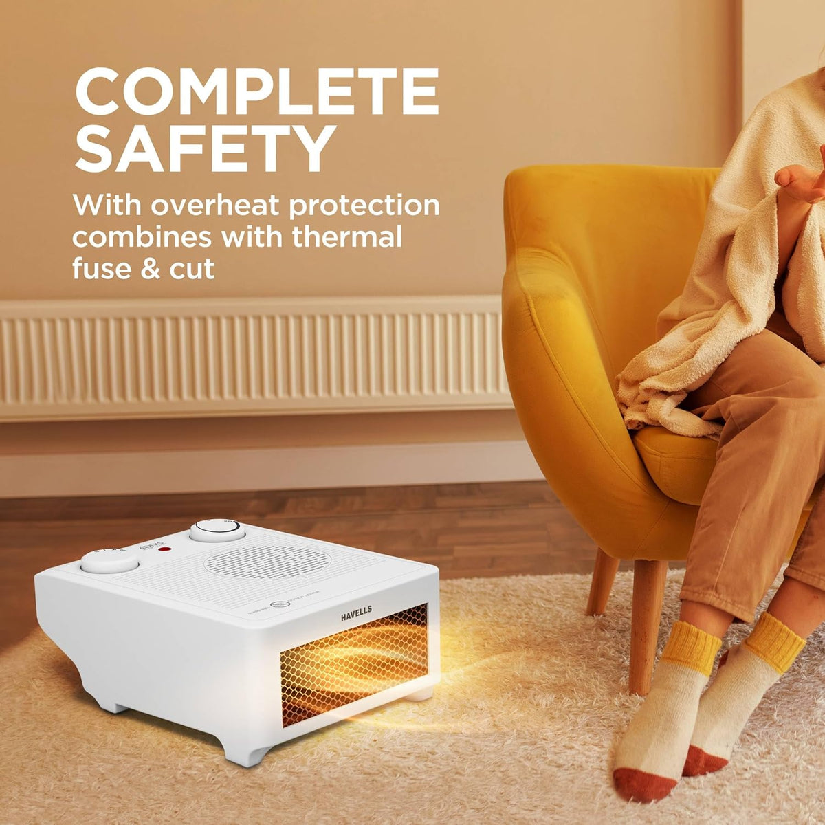 Havells Adnis Room Heater| Dual Heat Setting 900/1800 Watt| Safety with Overheat Protection| Adjustable Thermostat Control Knob| Fire Retardant Material| Cool Fan Function| 2 Year Warranty (White)