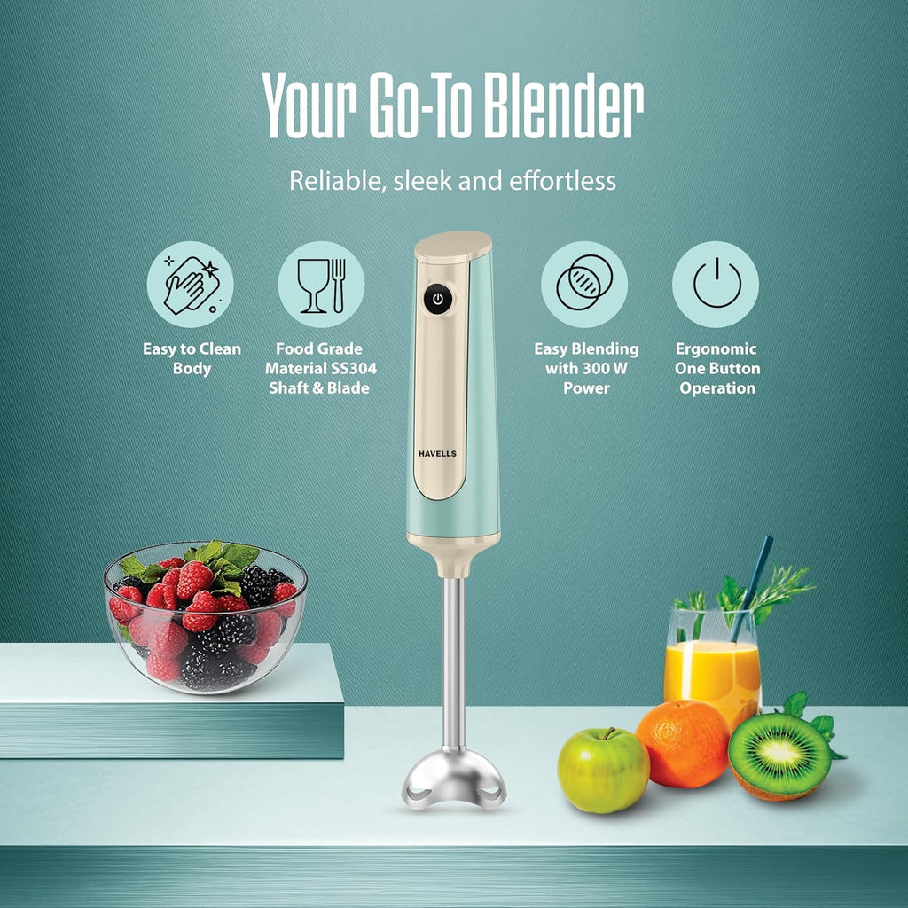 Havells CRAFT Hand Blender|50% Quieter Operation|Easy Blending with 300 Watt Power|Food Grade Material - SS304 Shaft and Blade|Ergonomic One Button Operation|2Yrs Manufacturer Warranty(Blue & Gold)
