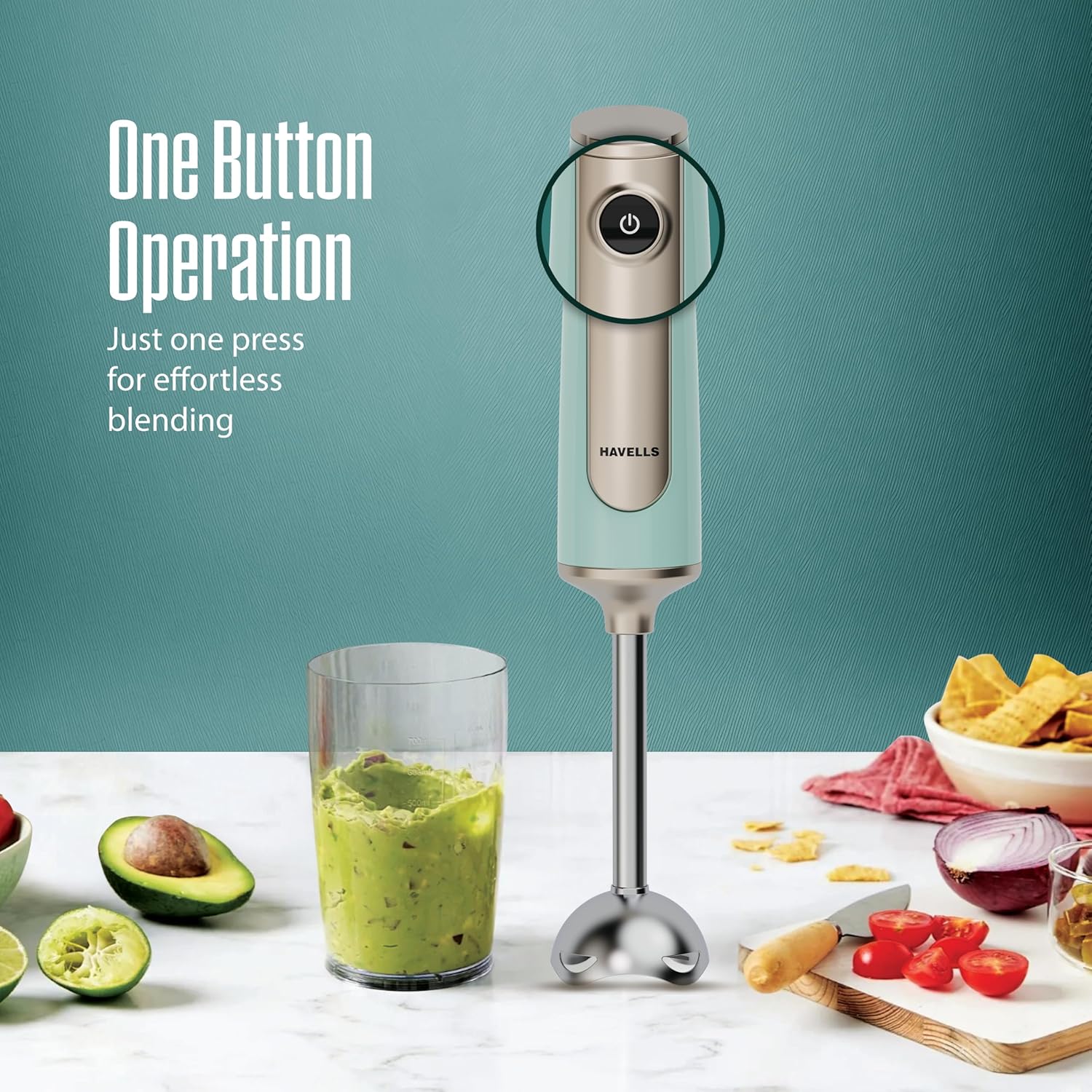 Havells CRAFT Hand Blender|50% Quieter Operation|Easy Blending with 300 Watt Power|Food Grade Material - SS304 Shaft and Blade|Ergonomic One Button Operation|2Yrs Manufacturer Warranty(Blue & Gold)