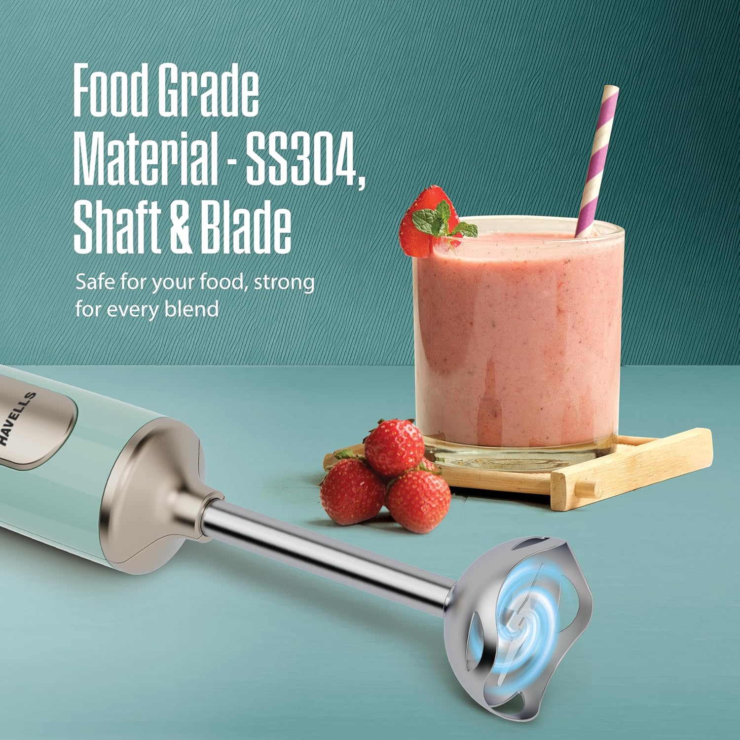 Havells CRAFT Hand Blender|50% Quieter Operation|Easy Blending with 300 Watt Power|Food Grade Material - SS304 Shaft and Blade|Ergonomic One Button Operation|2Yrs Manufacturer Warranty(Blue & Gold)