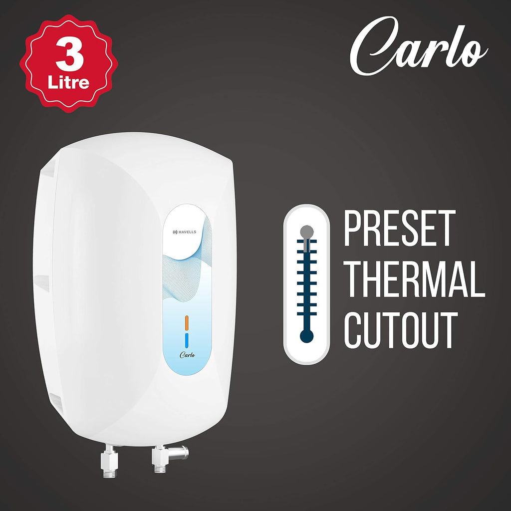 Havells Carlo 3 Litre Instant Water Heater(Geyser)|Heavy Duty Heating Element|SS 304 L Inner Tank|Bi-color Indicator|High Working Pressure|Rust & shock Proof Body|5 Year Tank Warranty