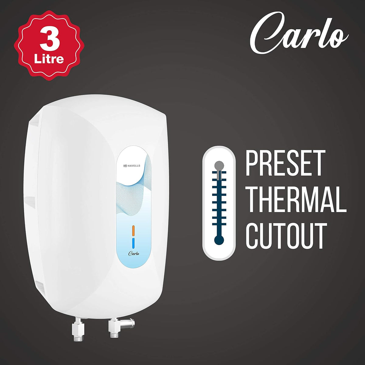 Havells Carlo 3 Litre Instant Water Heater(Geyser)|Heavy Duty Heating Element|SS 304 L Inner Tank|Bi-color Indicator|High Working Pressure|Rust & shock Proof Body|5 Year Tank Warranty